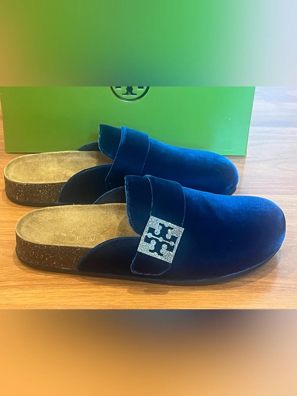 Tory Burch Mellow Pave Velvet Mule in Ocean/Silver - size 8.5M - NIB